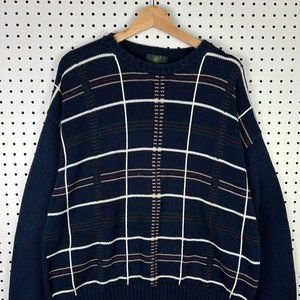Vintage Club Room Navy Blue Striped Plaid Knit Sweater Crewneck 90s Preppy Large